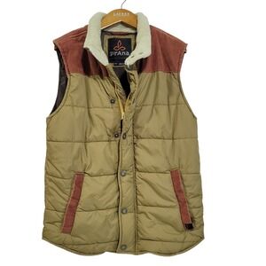 prAna Waylen Puffer Vest Mens Small Brown Snap Zip Retro Vibes Outdoor